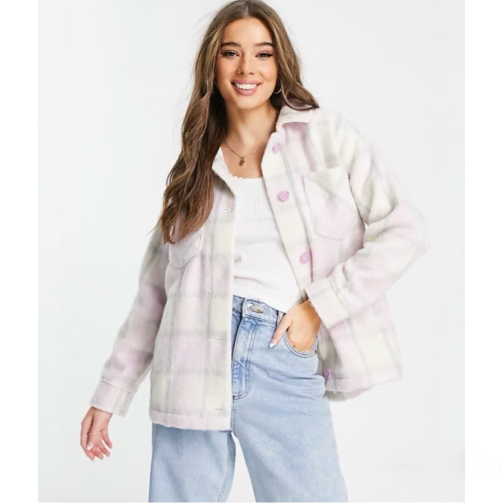 Hollister Cream & Purple Plaid Cozy Brushed Shirt Jacket Shacket Womens XL